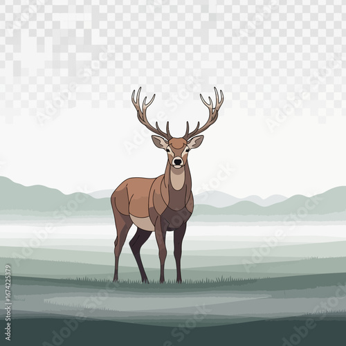 Majestic stag with large antlers standing in a misty forest landscape.