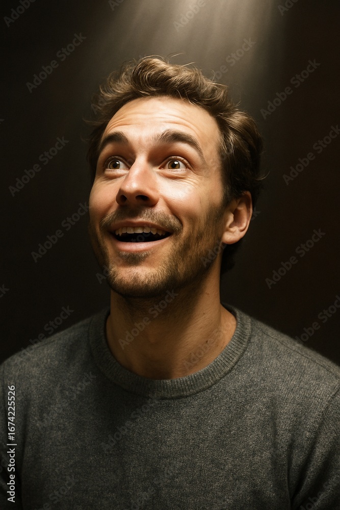 Fototapeta premium A happy young man with a look of awe and inspiration.