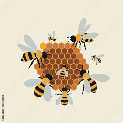 Bees swarm around a honeycomb structure.