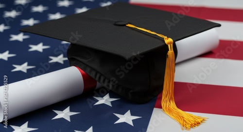 American academic achievement: graduation cap, diploma and flag of the USA