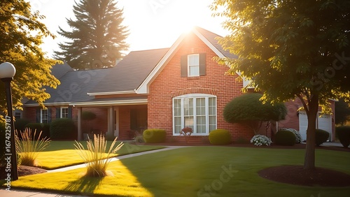 Charming suburban house with red brick facade and white trim bathed in morning sunlight.