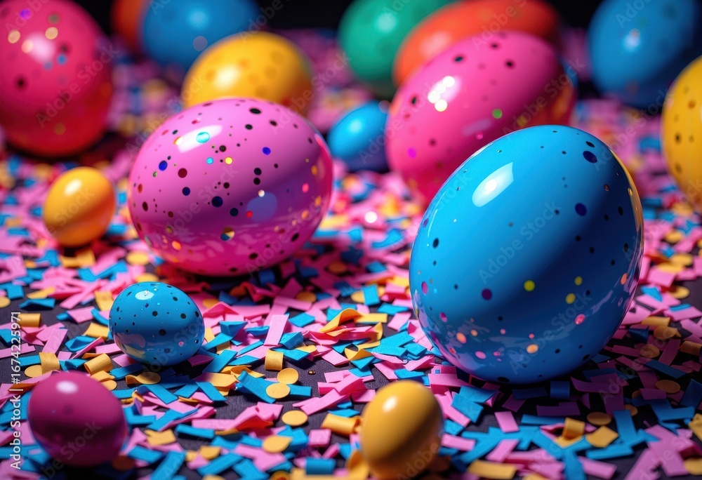 Fototapeta premium Colorful decorated eggs and confetti scattered on a surface
