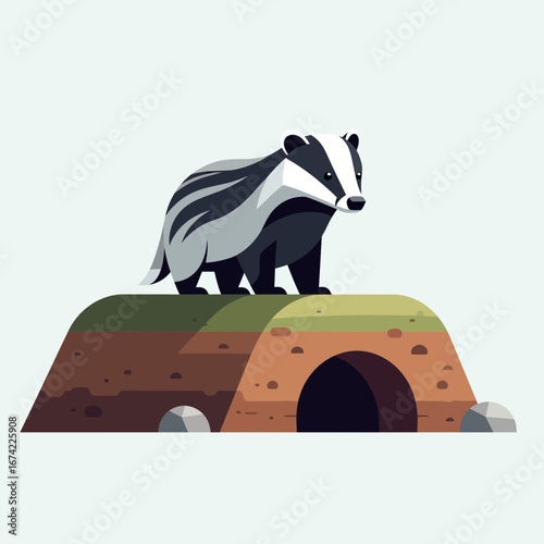 Stylized badger stands on a burrow entrance against a light background.