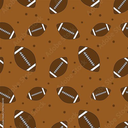 American football seamless pattern.Recreation, USA sport game, brown and white soccers with dots repeat pattern isolated on brown background.Vector graphic wallpaper.