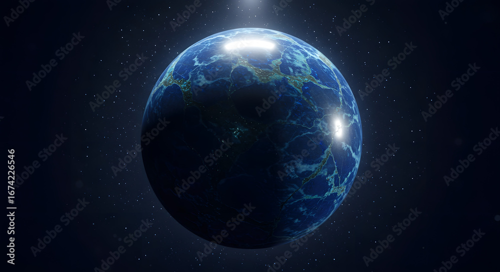 Naklejka premium Earth From Space - Blue Planet, Global Network, Digital World, Connection, Technology - Dark Background, Futuristic View, Sci-Fi Visual