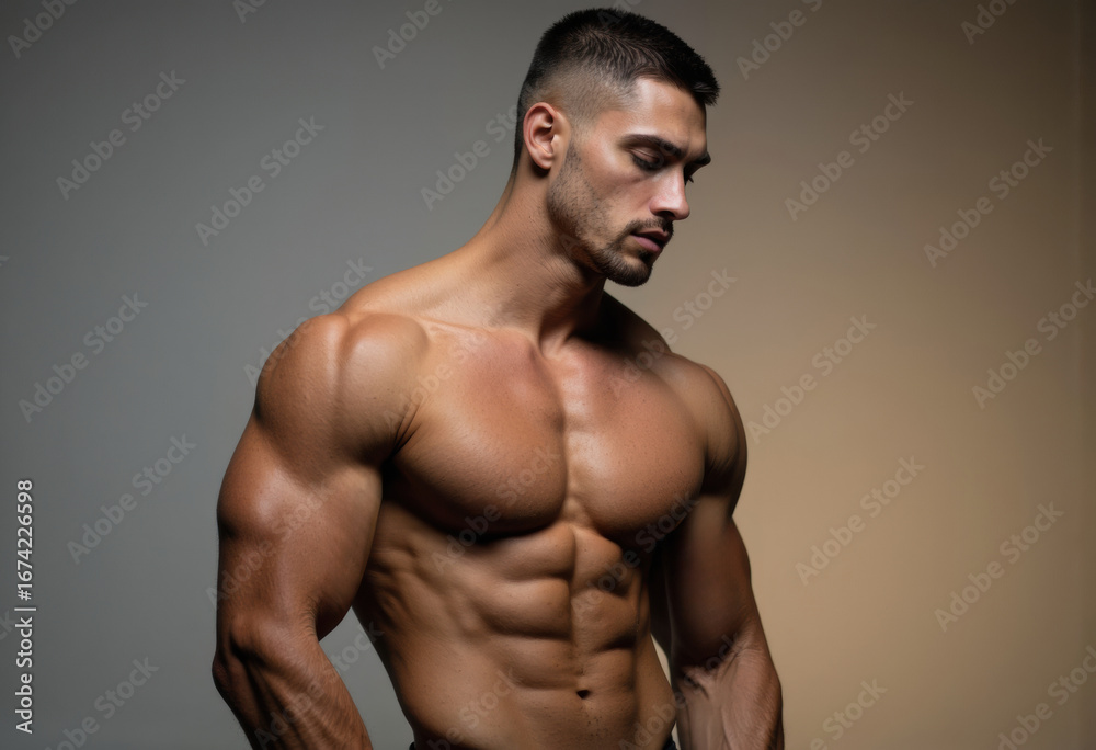 Fototapeta premium A muscular man with defined abs and broad shoulders looking down thoughtfully