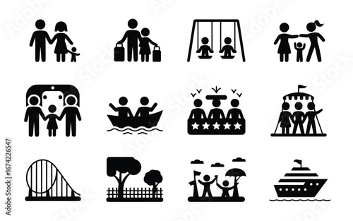 Family activities and recreation black silhouette icons set