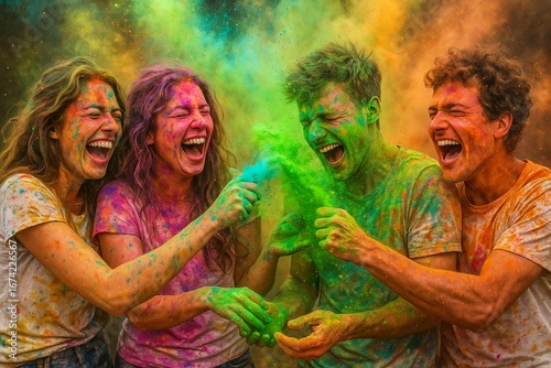 Diverse friends laughing outdoors, covered in vibrant Holi powder.