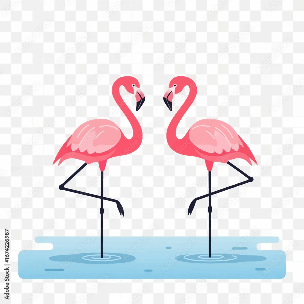 Obraz premium Two pink flamingos standing in blue water.