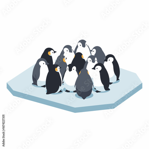 Group of penguins huddle together on an ice floe.