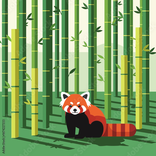 Red panda sits in a bamboo forest.