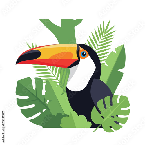 Toucan bird perched among lush green tropical leaves.