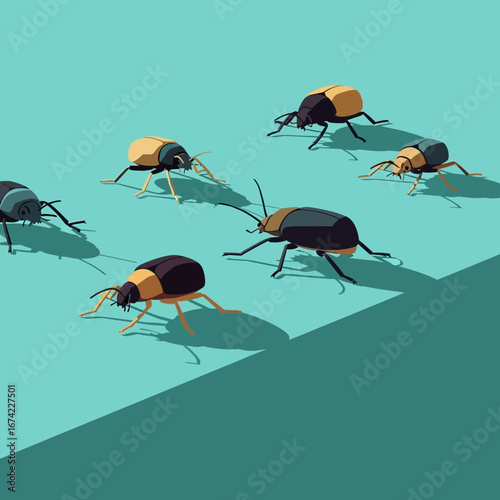 Several beetles crawl across a flat teal surface with shadows.