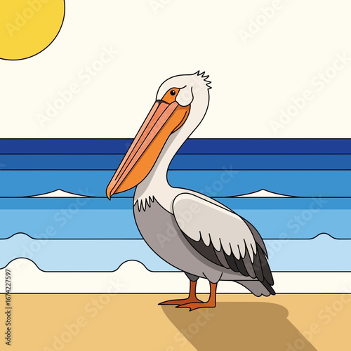 Pelican stands on a sandy beach near the ocean under the sun.