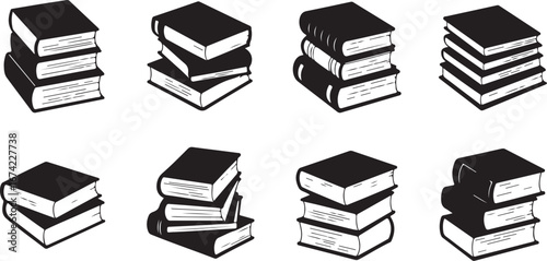 Stacked books black and white illustrations reading