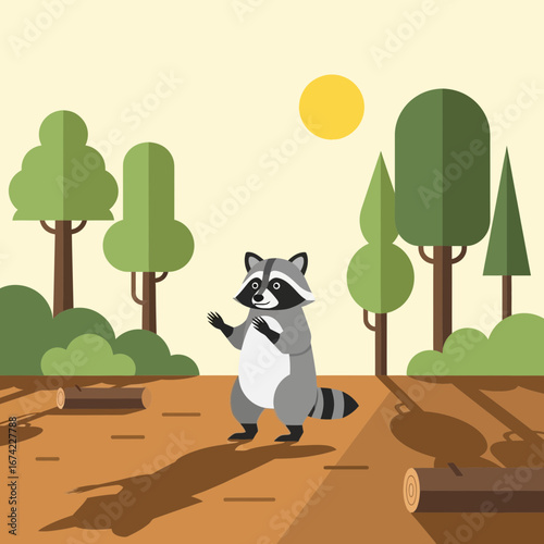Raccoon standing in a forest clearing with trees and sun.