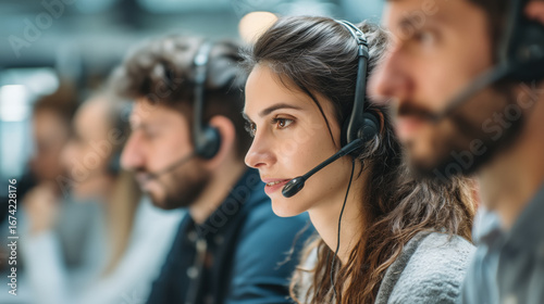 Group of call center agents with headsets in bright modern office