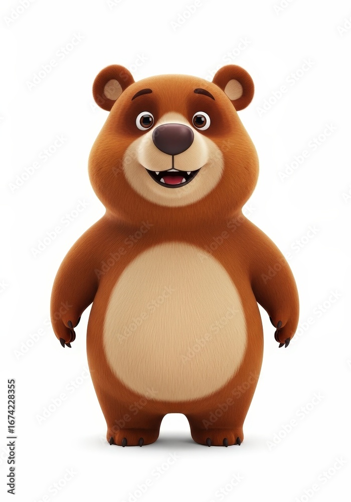 Fototapeta premium Cartoon bear with a smiling expression, rendered in 3D against a white backdrop, showcasing its full body