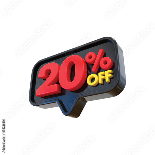 Realistic 3d render of a 20 percent off discount offer sign with red numbers and yellow text vector