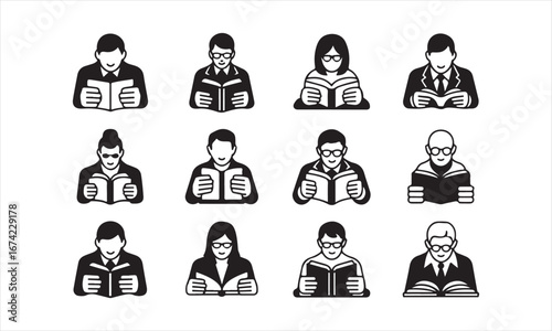 Diverse people reading books, a simple vector graphic, black and white vector illustration of various people of different ages and genders, depicted as silhouettes, engaged in the act of reading open 
