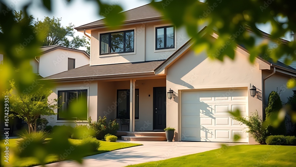Fototapeta premium Modern suburban home with clean lines and soft morning light, surrounded by lush greenery.