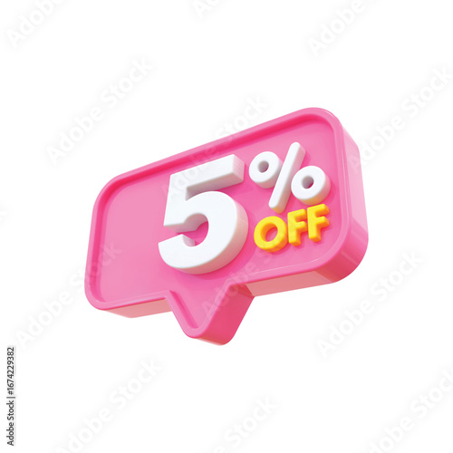 3d rendered pink speech bubble announcing 5 percent off discount for sales promotions vector