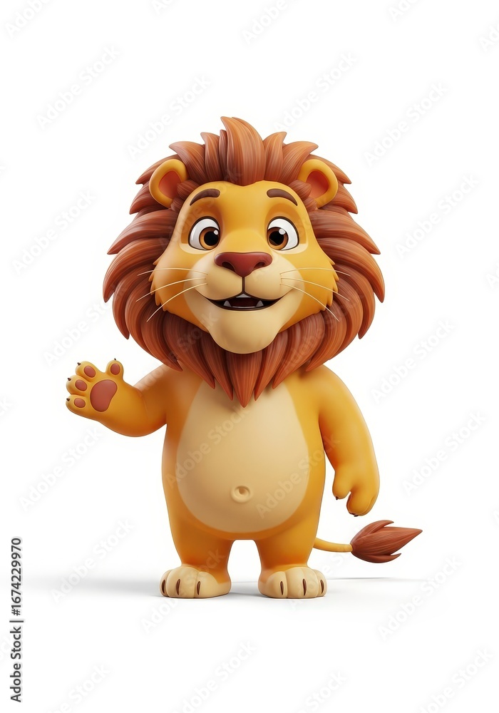 Obraz premium Cartoon lion with golden-brown mane & fur, waving cheerfully against a plain white background