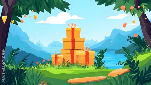 Scenic Landscape with Stacked Gift Boxes