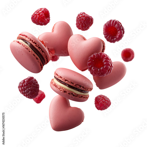 Assortment of pink heart shaped candies and macarons isolated on transparent background