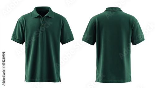 Deep forest green polo shirt, front and back views