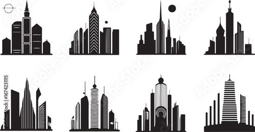 Diverse modern cityscapes with varied architectural styles