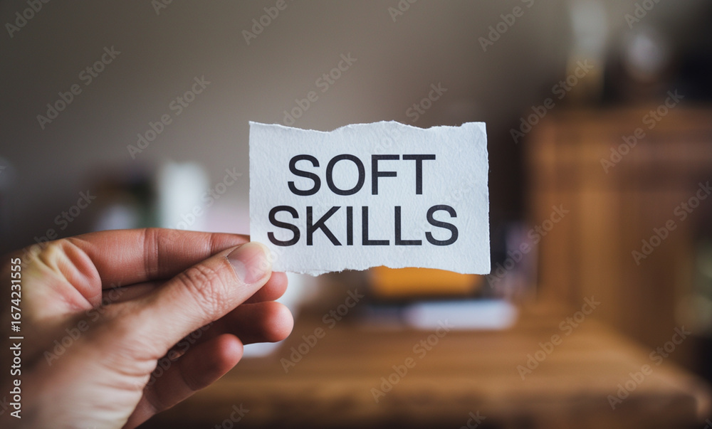 © Oualid - A hand holding a piece of white paper with the text soft skills written on it © Oualid - A hand holding a piece of white paper with the text soft skills written on it