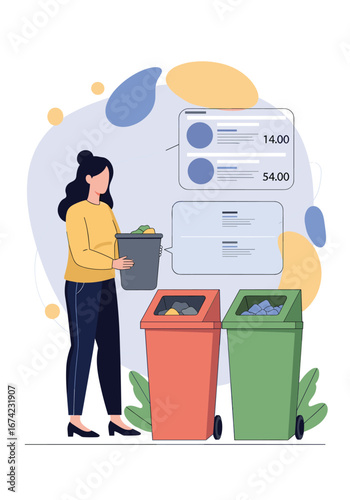 Woman character sorting waste into recycling bins for a cleaner planet and sustainable future