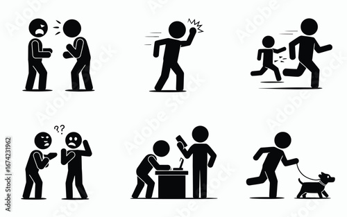 Stick figures illustrating different human actions icon set