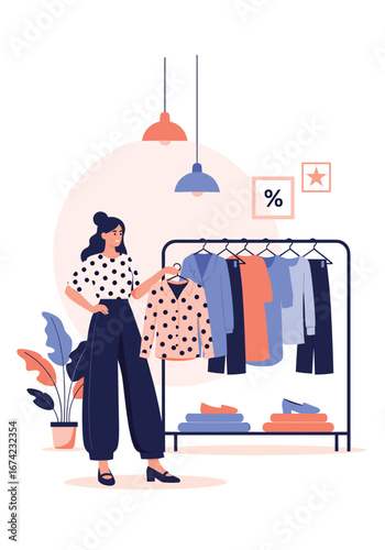 Fashion stylist organizing clothing rack for shopping experience making style choices
