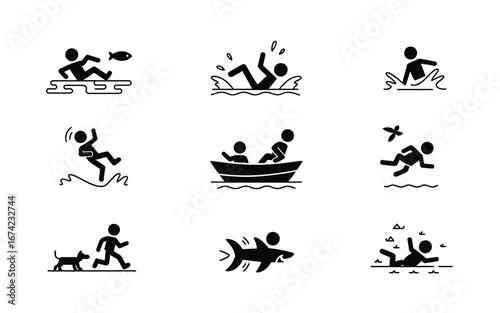 Water activities and accident icon set