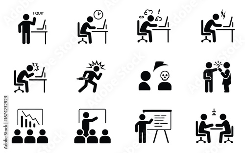 Workplace stress and conflict icon set