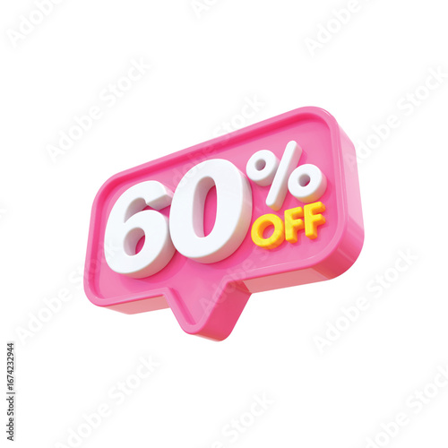 Fifty percent discount sign with 60% off text on pink speech bubble for sales promotions vector