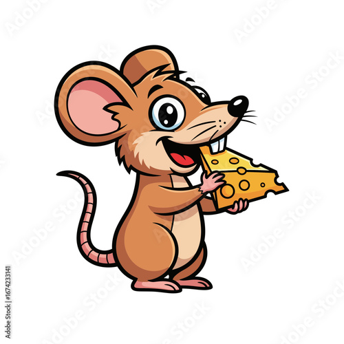 Adorable brown cartoon mouse character happily eating a piece of Swiss cheese. A cute rodent mascot illustration isolated on a white background