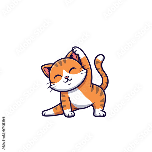 Cute orange tabby cat character doing a side stretch yoga pose for wellness and relaxation. Adorable cartoon kitten mascot illustration