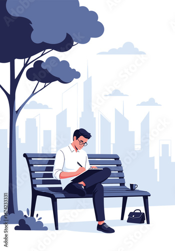Man sitting on a park bench under a tree drawing in a notebook with a cityscape in the background