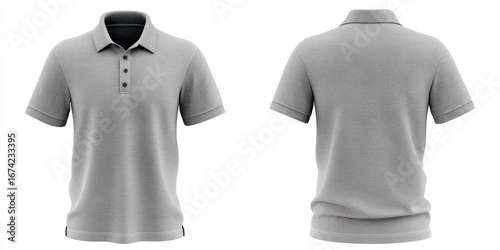 Front and back view of a light gray polo shirt