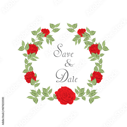 Design elements for wedding invitation templates and other cards.
Elegant red rose and green leaf decoration concept.
Vector illustration.