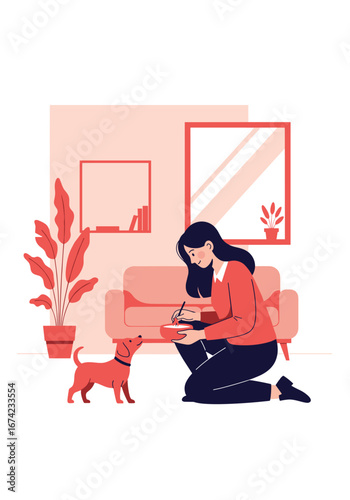 Woman training her small dog indoors with treats and positive reinforcement in a cozy living room with plants and furniture