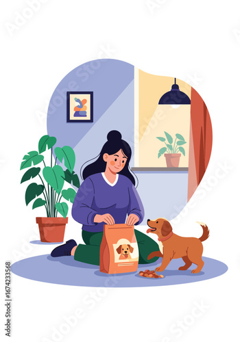 Woman feeding her loyal companion dry kibble from a bag encouraging healthy pet nutrition