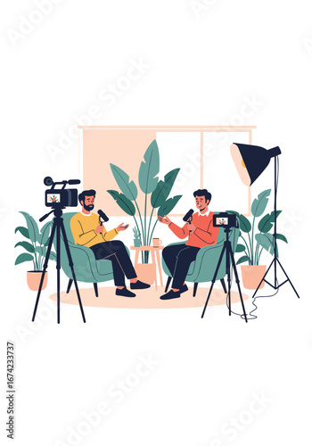 Podcast production studio setup with two people interviewing and filming in a lush greenery environment