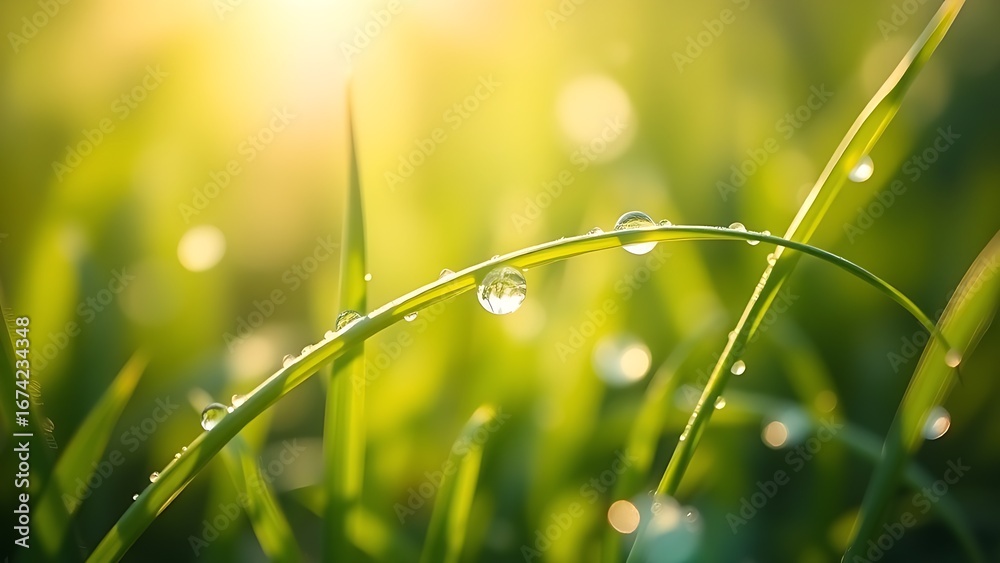 Fototapeta premium Morning dew glistens on tender grass blades, capturing the freshness of a spring day.