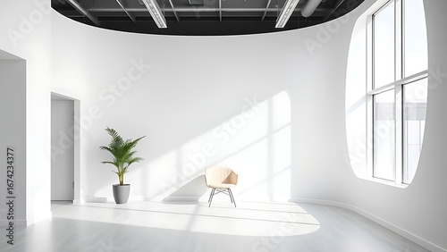 Minimalist office reception with white curved wall, modern chair, and potted plant.