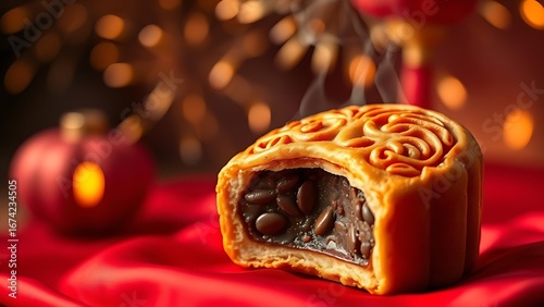 Steaming mooncake with golden crust on crimson silk, reflecting festive fireworks for China National Day.