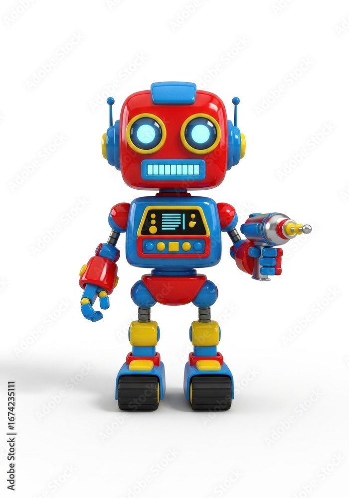 Fototapeta premium Colorful cartoon robot figure with a drill, isolated on a white background, casting a shadow